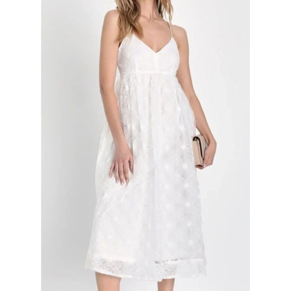 Elegant Lulus Babydoll Midi Ivory Tulle Dress Floral NEW w/Tag Size Large - Picture 1 of 8